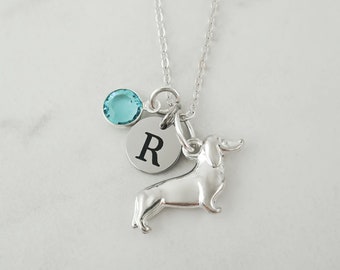 Dachshund Necklace - Monogram Personalized Initial and Birthstone - Wiener Dog Charm Necklace - Dachshund Jewelry - Dachshund Gifts