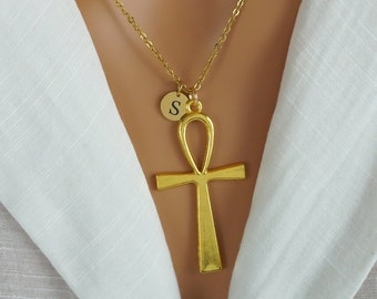 Huge Gold Ankh Necklace or Keychain - Egyptian Ankh Charm - Personalized Letter Initial Charm - Antique Gold Toned Jewelry