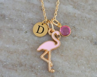 Pink Flamingo Necklace - Flaming Gifts - Flamingo Charm Necklace - Personalized Initial & Birthstone - Bird Jewelry - Flamingo Party Favors