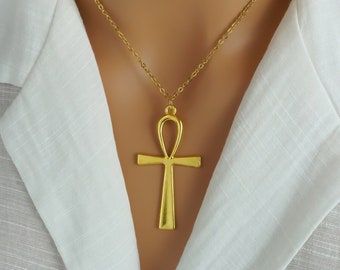 Large Gold Ankh Necklace or Keychain - Egyptian Ankh Charm - Gold Ankh Charm - Gold Ankh Pendant - Antique Gold Toned Jewelry