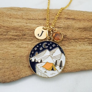 Camping Necklace Camping in the Mountains Charm Antique Gold and Enamel Camping Jewelry Personalized Outdoorsy Gifts