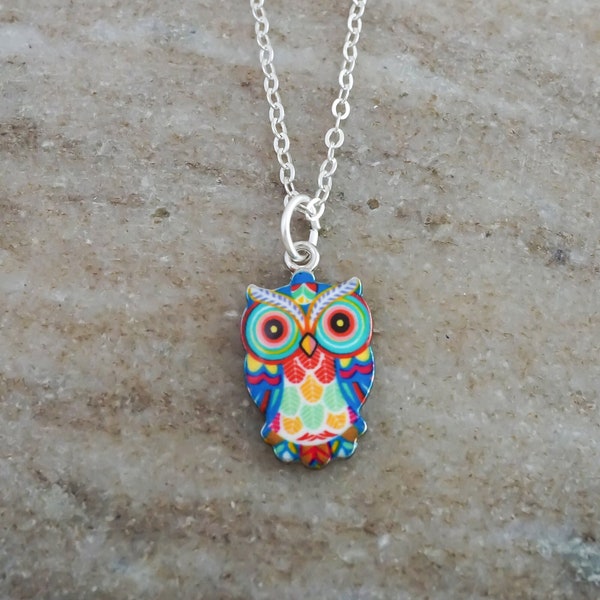 Owl Necklace - Colorful Owl Charm - Vibrant Colored Owl Pendant - Antique Silver Toned and Enamel Jewelry