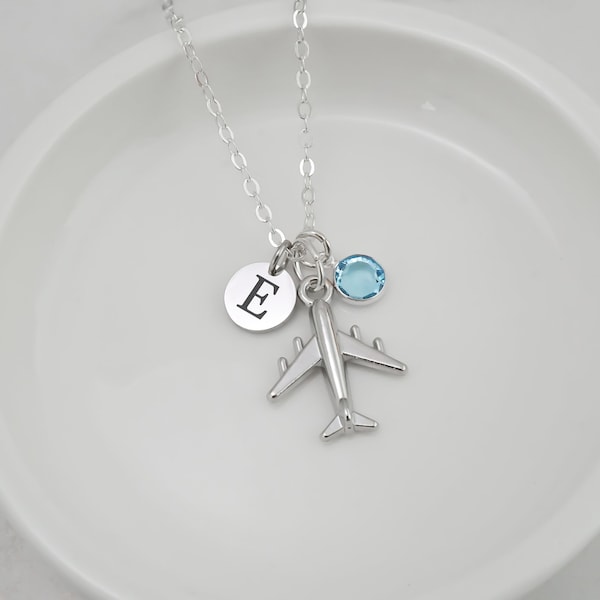 Silver Airplane Necklace - Personalized Silver Plane Charm Necklace - Travel Necklace - Monogram Personalized Initial and Birthstone