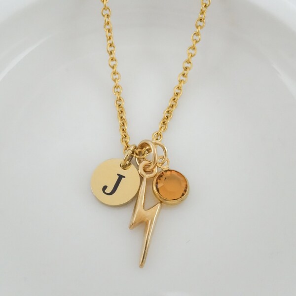 Gold Lightning Bolt Necklace - Small Personalized Lighting Bolt Charm Necklace - Antique Gold Jewelry - Monogram Initial and Birthstone