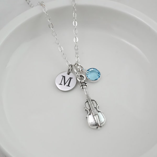 Violin Necklace - Personalized Musical Instrument Charm - Initial and Birthstone - Antique Silver Jewelry - Violin Charm - Violin Keychain