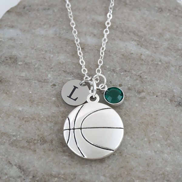 Basketball Necklace - Antique Silver Sports Jewelry - Monogram Personalized Initial and Birthstone