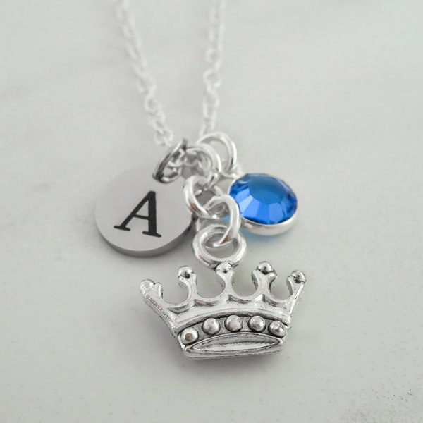 Princess Crown Necklace - Antique Silver Crown Charm - Queen Necklace - Princess Necklace - Monogram Personalized Initial and Birthstone