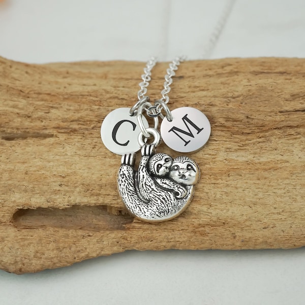 Mom and Baby Sloth Necklace - Personalized Sloth Gift - Sloth Mother's Day Necklace - Silver Sloth Jewelry - New Mom Gifts - Initial Charms