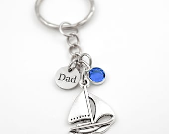 Sailboat Keychain, Personalized Initial and Birthstone Charm, Sailing Gifts