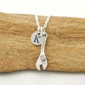 Combination Wrench Necklace for Men or Women - Personalized Wrench Charm Necklace with Custom Initial Charm - Antique Silver Wrench Jewelry