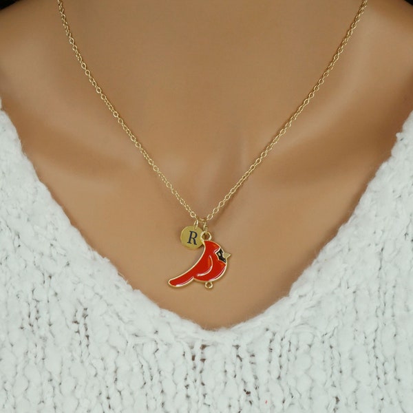 Red Cardinal Necklace - Personalized Memorial Bird Necklace - Gold Toned and Enamel Jewelry - Cardinal Gifts - Bird Jewelry