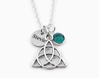 Celtic Knot Necklace - Antique Silver Irish Triquetra Jewelry, Personalized Name & Birthstone