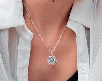 Sunflower Necklace: Antique Silver Floral Charm Jewelry