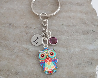 Colorful Owl Key Chain - Night Owl Charm Keyring - Personalized Personalized Initial and Birthstone Owl Keychain - Owl Gifts