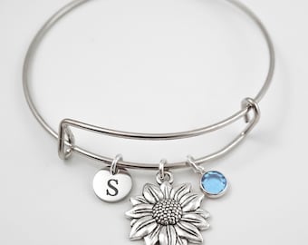 Sunflower Charm Bracelet - Adjustable Bangle, Personalized Initial and Birthstone, Summer Jewelry