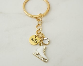 Ice Skate Keychain - Figure Skating Gifts - Gold and Enamel Ice Skating Keychain - Personalized Initial and Birthstone - Ice Skate Key Chain