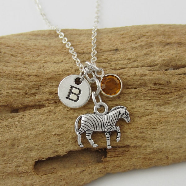 Zebra Necklace - African Animal Jewelry - Antique Silver Zebra Charm - Monogram Personalized Initial and Birthstone