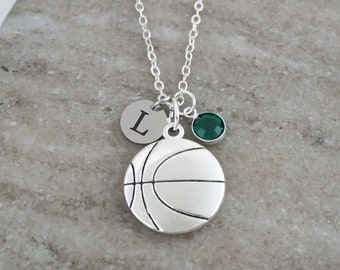 Basketball Necklace - Antique Silver Sports Jewelry - Monogram Personalized Initial and Birthstone