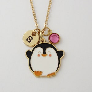 Penguin Necklace - Cute Enamel and Gold Penguin Jewelry - Monogram Personalized Initial and Birthstone