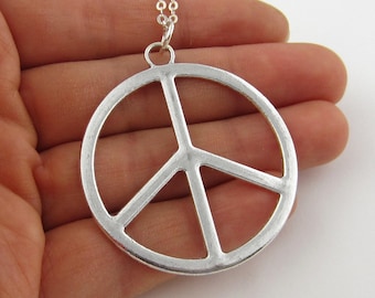 Large Peace Sign Necklace - Big Peace Symbol Charm - Hippie Costume - Antique Silver Boho Jewelry