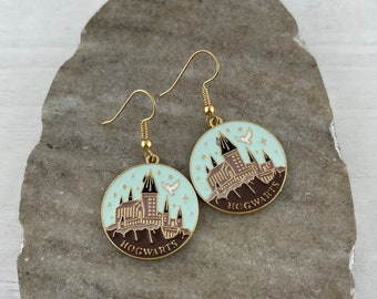 Wizard Castle Earrings - School of Witchcraft and Wizardry Personalized Charm Earrings - Antique Gold and Enamel Magical Jewelry