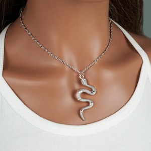 May include: A silver snake pendant necklace on a silver chain. The snake is coiled and has a textured surface.