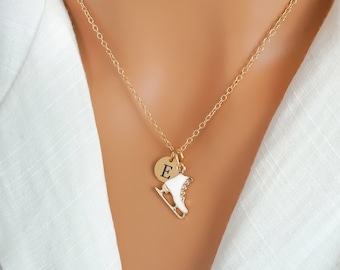 Ice Skate Necklace - Personalized Monogram Initial Necklace, Gold & Enamel Ice Skating Jewelry, Figure Skating Gifts, Hockey Skate Necklace