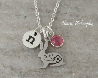 Bunny Necklace - Silver Bunny Rabbit Necklace - Monogram Personalized Initial and Birthstone - Stainless Steel Rabbit Charm