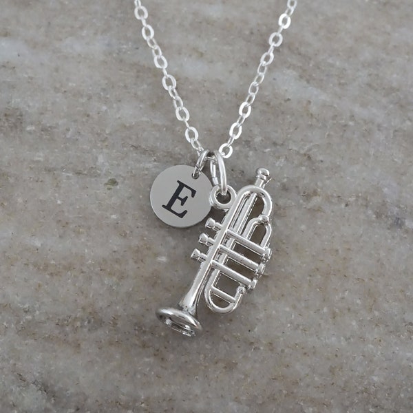 Trumpet Necklace - Personalized Monogram Initial Necklace - Antique Silver Jewelry - Instrument Charm - Musician Gifts - Trumpet Charm