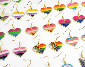 LGBTQ Pride Flag Earrings - Heart Flag Charm Earrings - Gold and Enamel Pride Jewelry - Rainbow LGBT Earrings - LGBTQIA+ Pride Month Gifts