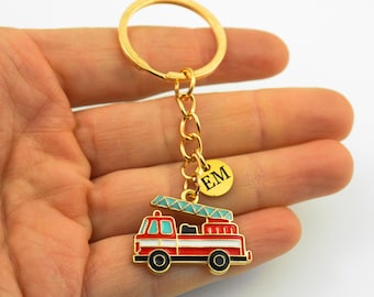 Firefighter Keychain - Personalized Gold and Enamel Fire Truck Charm Key Ring