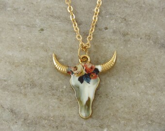 Cow Skull Necklace - Enamel and Gold Cow Skull Charm - Boho Necklace - Bohemian Necklace - Antique Gold Toned Jewelry