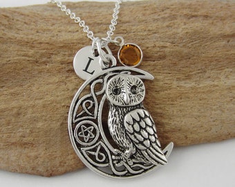 Celtic Owl Necklace: Antique Silver Celtic Moon with Pentacle Star Pendant, Owl Jewelry, Monogram Personalized Initial and Birthstone