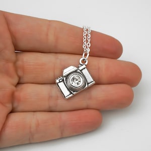 Camera Necklace - Photography Gifts - Photographer Gift - Antique Silver Jewelry - Rhinestone Camera Charm Necklace - Silver Camera Pendant