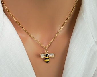 Bumblebee Necklace - Gold and Enamel Bumblebee Charm Necklace - Bee Necklace - Antique Gold, Rhinestone and Enamel Jewelry - Bumblebee Gifts