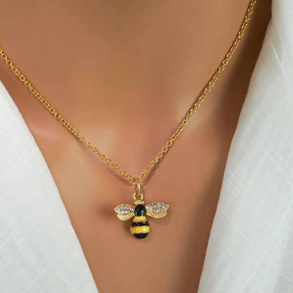 Bumblebee Necklace - Gold and Enamel Bumblebee Charm Necklace - Bee Necklace - Antique Gold, Rhinestone and Enamel Jewelry - Bumblebee Gifts