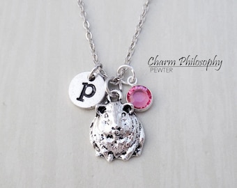 Guinea Pig Necklace - Kids Pet Jewelry - Monogram Personalized Initial and Birthstone - Guinea Pig Memorial Gift