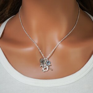 Puede incluir: Un collar de cadena plateada con tres dijes: un disco circular grabado con la letra A, una peque&ntilde;a piedra preciosa azul claro facetada y una figura de caballo plateada detallada, sobre una camiseta sin mangas blanca.