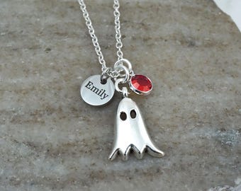 Silver Ghost Necklace - Personalized Name & Birthstone, Halloween Jewelry