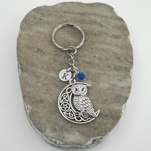 Celtic Owl Keychain - Antique Silver Celtic Moon with Pentagram Star Key Ring - Owl Gifts - Monogram Personalized Initial and Birthstone