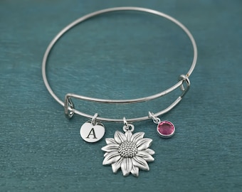 Sunflower Charm Bracelet - Adjustable Bangle, Personalized Initial and Birthstone, Summer Jewelry