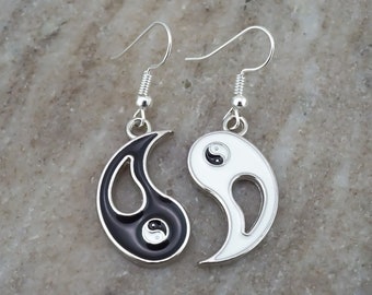 Yin Yang Earrings - Chinese Yin and Yang Charm Earrings - Ying Yang Jewelry - Antique Silver and Enamel Jewelry