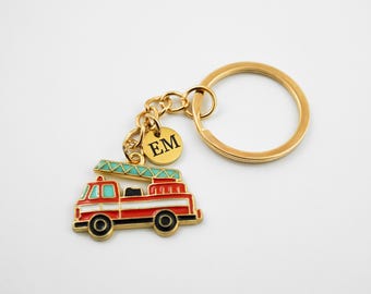 Firefighter Keychain - Personalized Gold and Enamel Fire Truck Charm Key Ring