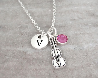 Violin Necklace - Personalized Initial & Birthstone, Antique Silver Music Gift