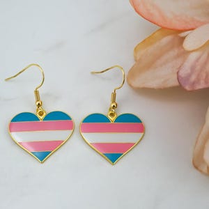 Transgender Earrings - LGBTQ Pride Earrings - Trans Pride Flag Heart Charm Earrings - MFT FMT Pride Flag Earrings - Gold and Enamel Jewelry