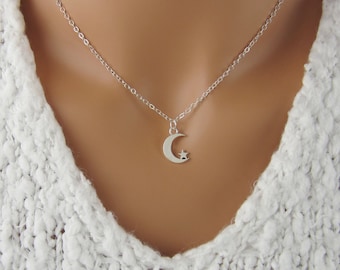 Star and Moon Necklace - Crescent Moon Charm - Antique Silver Jewelry