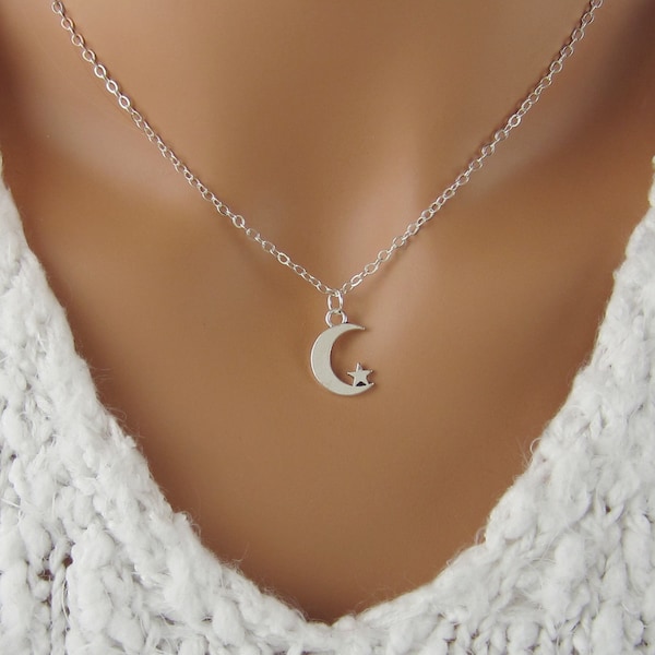 Star and Moon Necklace - Crescent Moon Charm - Antique Silver Jewelry