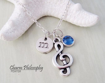 Music Note Necklace - Antique Silver Treble Clef Charm - Monogram Personalized Initial and Birthstone