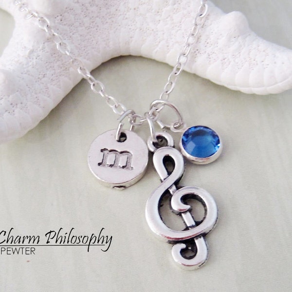 Music Note Necklace - Antique Silver Treble Clef Charm - Monogram Personalized Initial and Birthstone