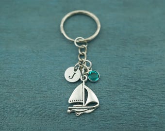 Sailboat Keychain, Personalized Initial and Birthstone Charm, Sailing Gifts